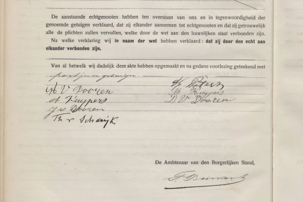 Uitsnede huwelijksakte Bert en Martha Peters-Kuijpers